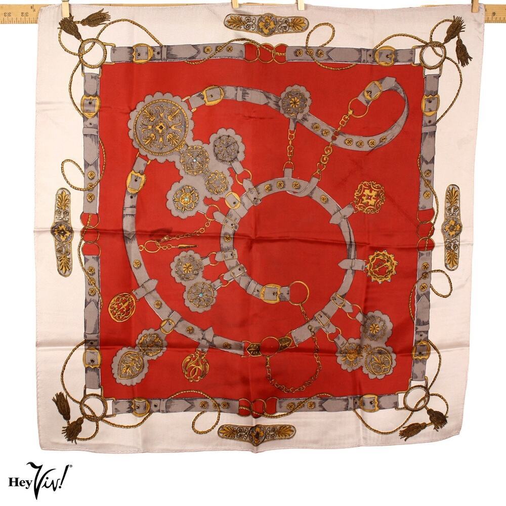 Vintage Herman Pecker Scarf Hand Printed Equestrian Chain Motif Japan - Hey Viv